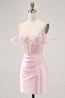 Sparkly Pink Beaded Short Corset Prom Dress with Lace