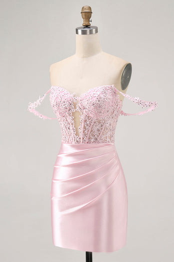 Sparkly Pink Beaded Short Corset Prom Dress with Lace