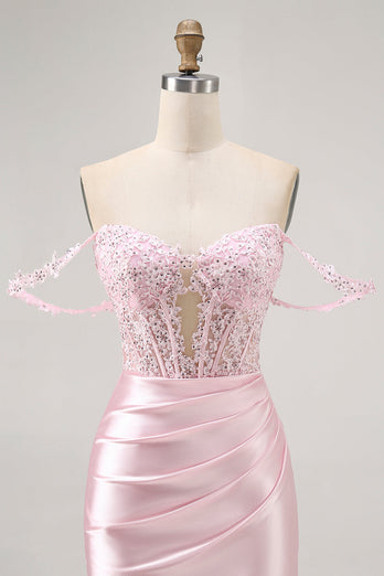 Sparkly Pink Beaded Short Corset Prom Dress with Lace
