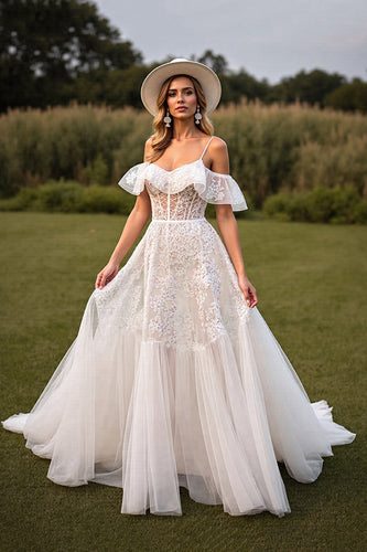 White Lace Boho Sweep Train Western Corset Wedding Dress