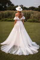 Load image into Gallery viewer, White Lace Boho Sweep Train Western Corset Wedding Dress