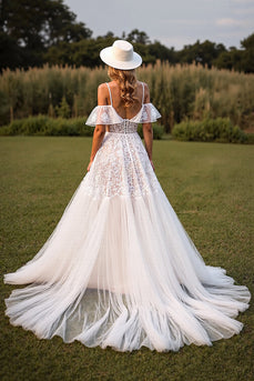 White Lace Boho Sweep Train Western Corset Wedding Dress