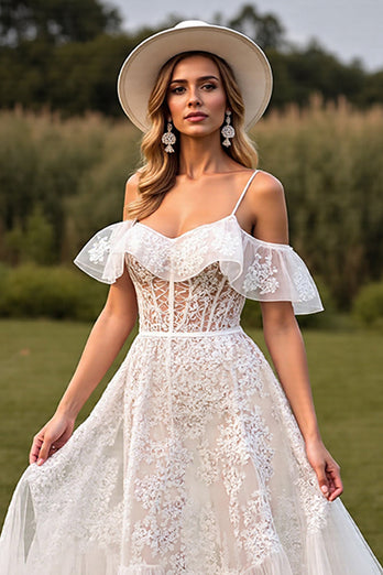 White Lace Boho Sweep Train Western Corset Wedding Dress