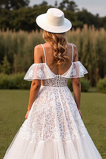 White Lace Boho Sweep Train Western Corset Wedding Dress