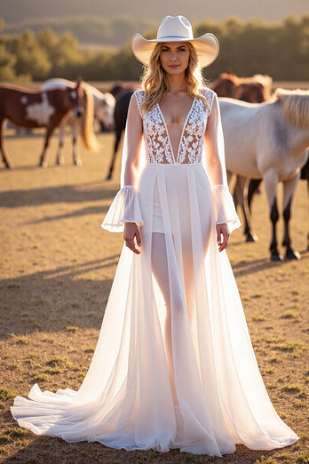 White Long Sleeves Boho Western Sweep Train Wedding Dress with Lace