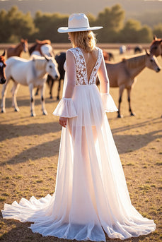 White Long Sleeves Boho Western Sweep Train Wedding Dress with Lace
