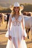 Load image into Gallery viewer, White Long Sleeves Boho Western Sweep Train Wedding Dress with Lace