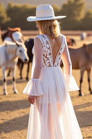 Load image into Gallery viewer, White Long Sleeves Boho Western Sweep Train Wedding Dress with Lace