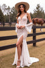Load image into Gallery viewer, White Mermaid Lace Boho Sweep Train Western Wedding Dress with Sleeves