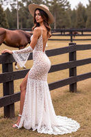 Load image into Gallery viewer, White Mermaid Lace Boho Sweep Train Western Wedding Dress with Sleeves