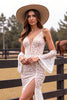 Load image into Gallery viewer, White Mermaid Lace Boho Sweep Train Western Wedding Dress with Sleeves