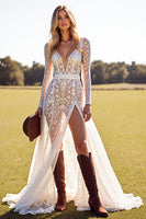 Load image into Gallery viewer, White Boho Lace Long Sleeves Sweep Train Western Wedding Dress with Slit