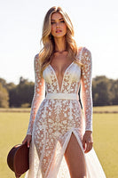 Load image into Gallery viewer, White Boho Lace Long Sleeves Sweep Train Western Wedding Dress with Slit