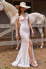 Load image into Gallery viewer, White Boho Lace Short Sleeves Sweep Train Western Wedding Dress with Slit