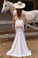 Load image into Gallery viewer, White Boho Lace Short Sleeves Sweep Train Western Wedding Dress with Slit