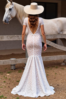 White Boho Lace Short Sleeves Sweep Train Western Wedding Dress with Slit