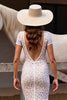 Load image into Gallery viewer, White Boho Lace Short Sleeves Sweep Train Western Wedding Dress with Slit