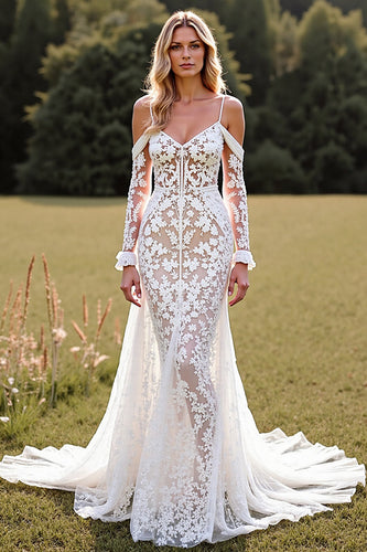 Women White Lace Boho Sweep Train Western Wedding Dress with Sleeves Cold Shoulder Mermaid Backless Cowgirl Wedding Dress