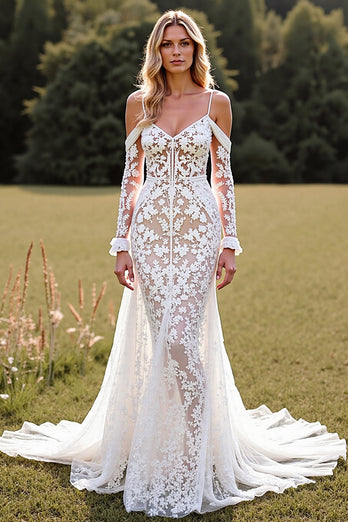 Women White Lace Boho Sweep Train Western Wedding Dress with Sleeves Cold Shoulder Mermaid Backless Cowgirl Wedding Dress