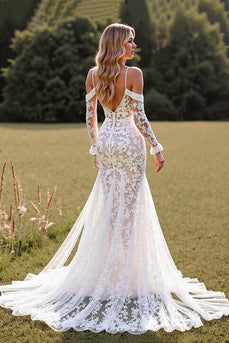 Lace Mermaid White Boho Sweep Train Western Wedding Dress with Sleeves