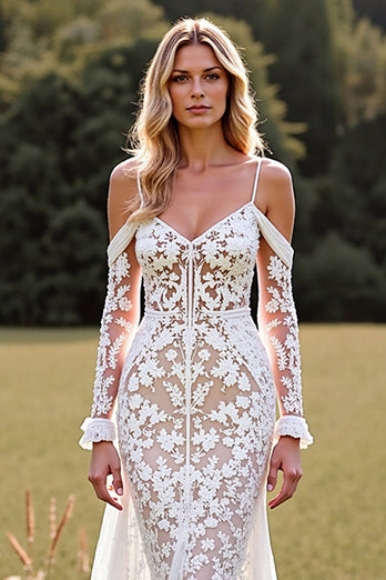 Lace Mermaid White Boho Sweep Train Western Wedding Dress with Sleeves