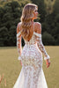 Load image into Gallery viewer, Lace Mermaid White Boho Sweep Train Western Wedding Dress with Sleeves