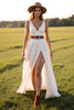 Load image into Gallery viewer, White V-Neck Boho Sweep Train Western Wedding Dress