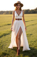 Load image into Gallery viewer, White V-Neck Boho Sweep Train Western Wedding Dress