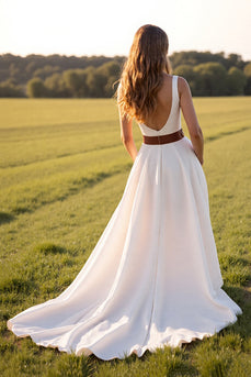 White V-Neck Boho Sweep Train Western Wedding Dress