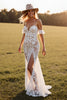 Load image into Gallery viewer, White Boho Lace Sweep Train Western Wedding Dress with Slit