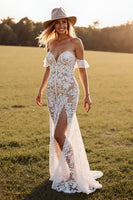 Load image into Gallery viewer, White Boho Lace Sweep Train Western Wedding Dress with Slit