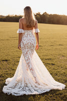 Load image into Gallery viewer, White Boho Lace Sweep Train Western Wedding Dress with Slit