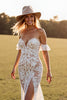 Load image into Gallery viewer, White Boho Lace Sweep Train Western Wedding Dress with Slit