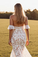 Load image into Gallery viewer, White Boho Lace Sweep Train Western Wedding Dress with Slit