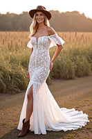 Load image into Gallery viewer, Boho White Mermaid Sweep Train Lace Western Wedding Dress with Slit