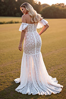 Load image into Gallery viewer, Boho White Mermaid Sweep Train Lace Western Wedding Dress with Slit