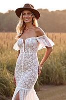 Load image into Gallery viewer, Boho White Mermaid Sweep Train Lace Western Wedding Dress with Slit