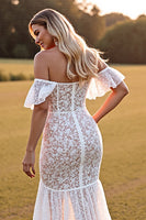 Load image into Gallery viewer, Boho White Mermaid Sweep Train Lace Western Wedding Dress with Slit