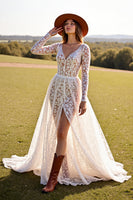 Load image into Gallery viewer, White Lace Long Sleeves Boho Western Corset Wedding Dress with Slit