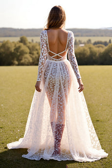 White Lace Long Sleeves Boho Western Corset Wedding Dress with Slit
