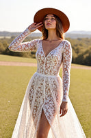 Load image into Gallery viewer, White Lace Long Sleeves Boho Western Corset Wedding Dress with Slit