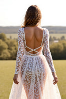 Load image into Gallery viewer, White Lace Long Sleeves Boho Western Corset Wedding Dress with Slit