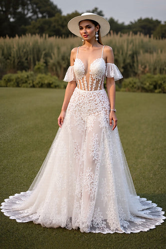 White Lace Spaghetti Straps Boho Western Corset Wedding Dress with Sleeves