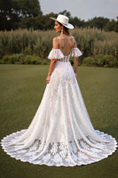 Load image into Gallery viewer, White Lace Spaghetti Straps Boho Western Corset Wedding Dress with Sleeves