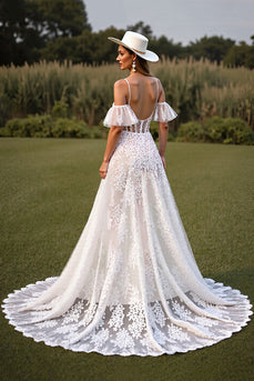 White Lace Spaghetti Straps Boho Western Corset Wedding Dress with Sleeves