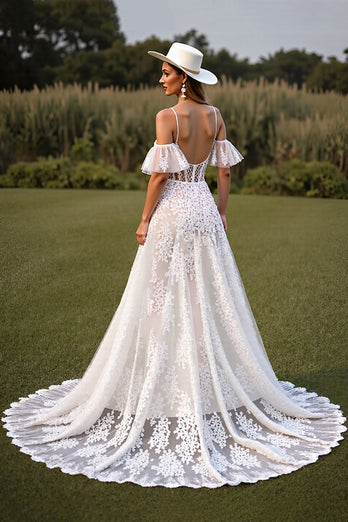White Lace Spaghetti Straps Boho Western Corset Wedding Dress with Sleeves