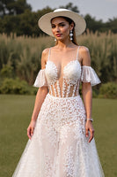 Load image into Gallery viewer, White Lace Spaghetti Straps Boho Western Corset Wedding Dress with Sleeves