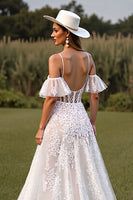 Load image into Gallery viewer, White Lace Spaghetti Straps Boho Western Corset Wedding Dress with Sleeves