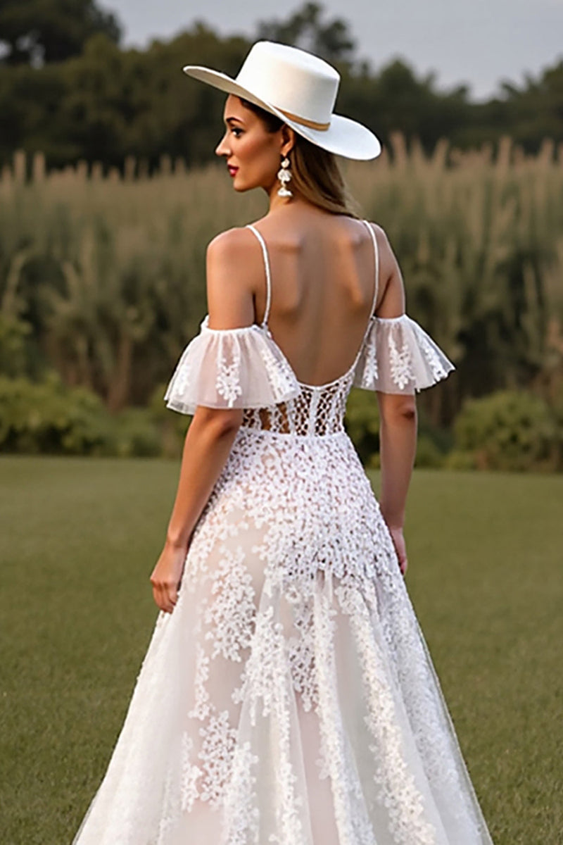 Load image into Gallery viewer, White Lace Spaghetti Straps Boho Western Corset Wedding Dress with Sleeves