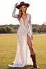 Load image into Gallery viewer, White Lace Boho Long Sleeves Sheath Western Wedding Dress with Slit